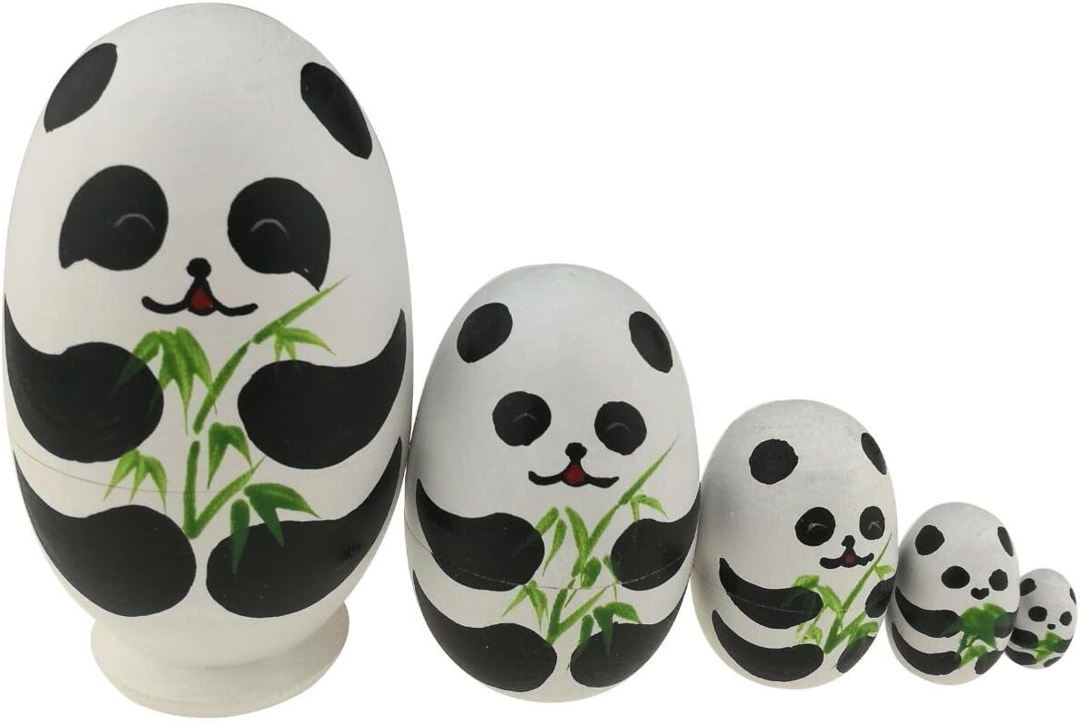 Set 5 Pcs Cute Egg Shape Panda Bear Animal Theme Wooden Stacking Toy Handmade Russian Nesting Dolls Matryoshka Dolls Panda Stuff for Kids Toy Panda Party Supplies Easter Gift