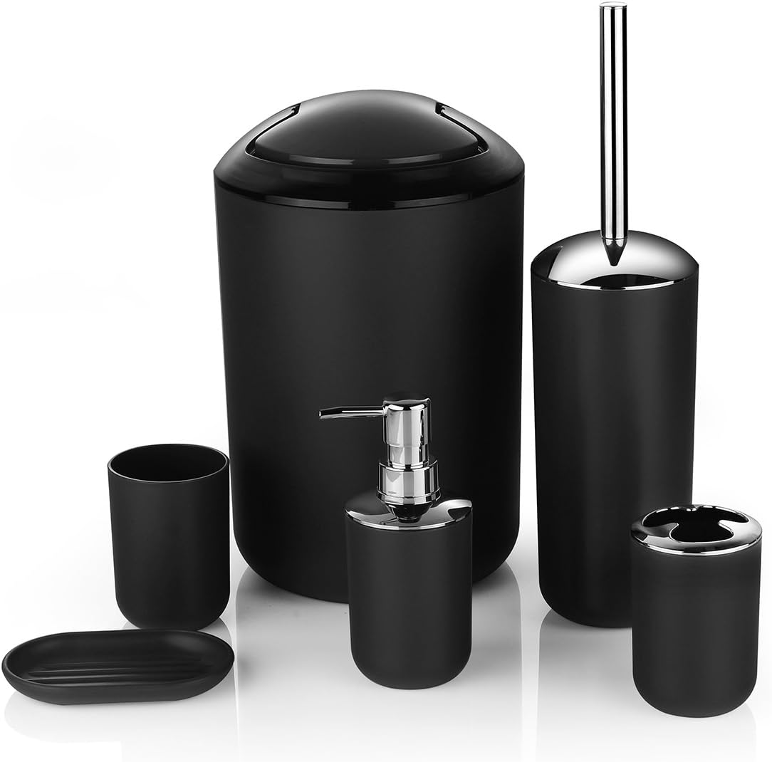 Zuvo 6 Pcs Plastic Bathroom Accessory Set Luxury Bath Accessories Bath Set Lotion Bottles, Toothbrush Holder, Tooth Mug, Soap Dish, Toilet Brush, Trash Can, Rubbish Bin (Black): Home & Kitchen