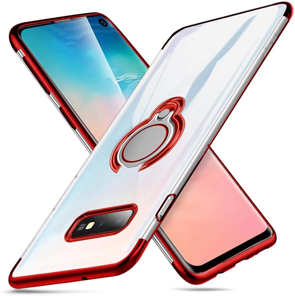 ATUSIDUN Samsung Galaxy S10 Plus / S10+ Case 6.4" Clear Slim-Fit Soft Flexible TPU Anti-scratch Cases 360° Rotating Ring Holder Stand Sockproof Bumper Case Cover - Red