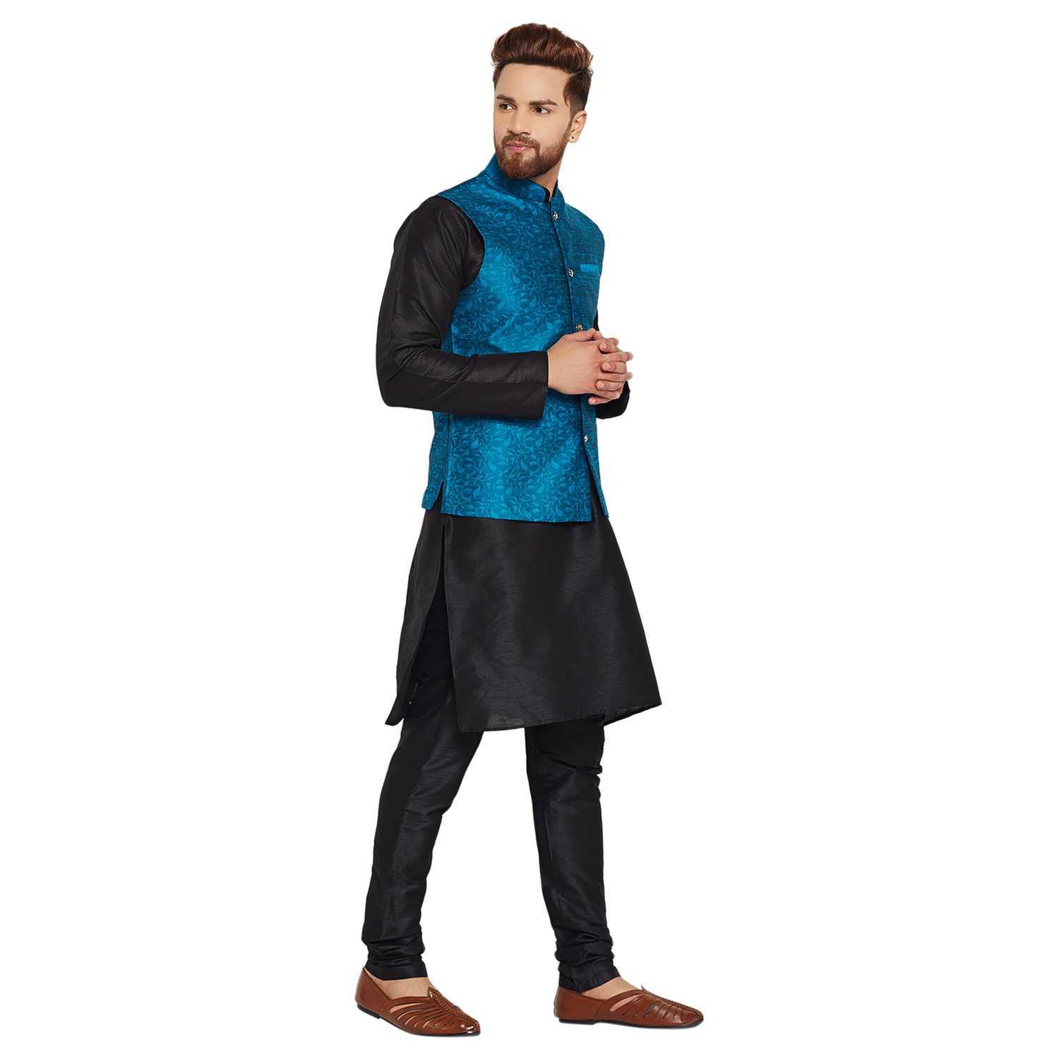 sojanya (since 1958), dupion silk kurta pyjama and jacquard silk nehru jacket combo
