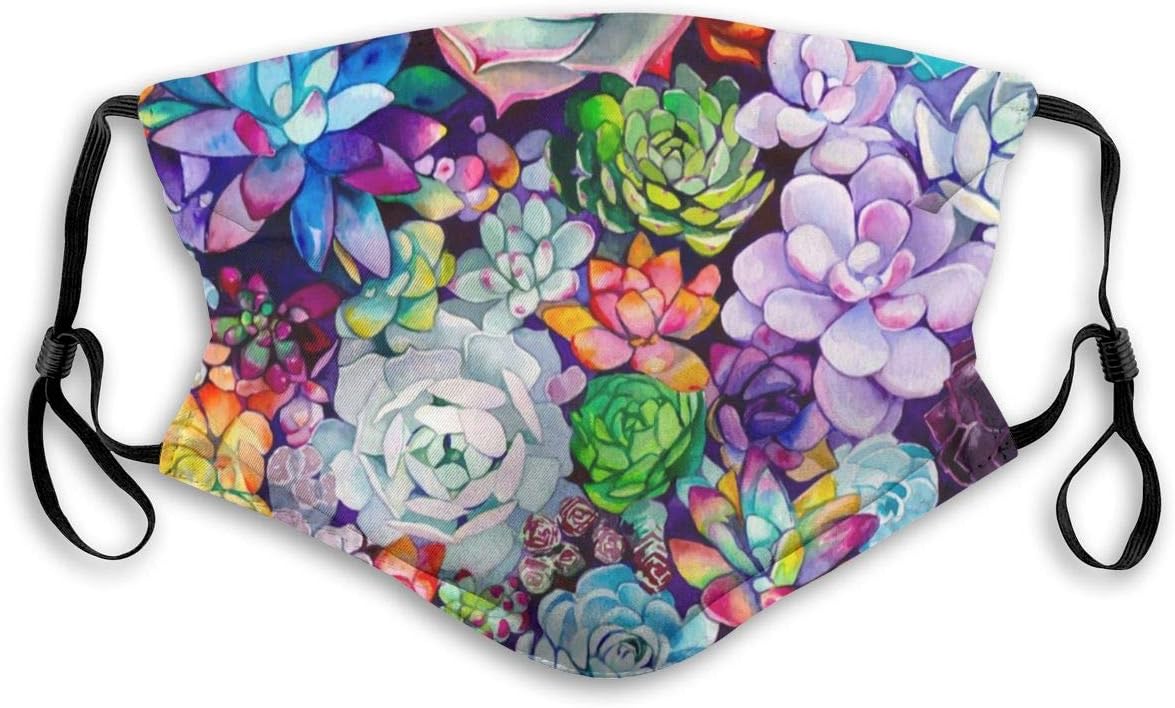 Stylish Mouth Mask With Replaceable PM2.5 Activated Carbon Mask for Sleeping Running, Motorcycle Washable Skin-Friendly Windproof Respirator Mask, Colorful Succulent Garden Watercolor Paintings - S