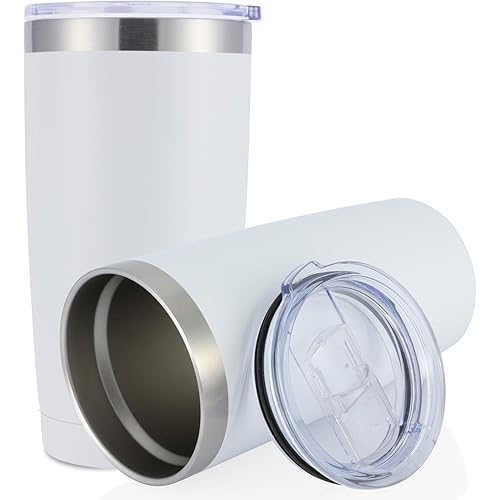 JEAREY 20oz Stainless Steel Tumbler with Lid Double Wall Vacuum Insulated Coffee Travel Mug (2 Pack, White)