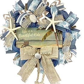 Beautiful Blue Burlap Artisan “Life is a Beautiful Ride” Beach, Coastal, Tropical Wreath with Nautical Rope, Starfish… 61s%2BHg1IjMS