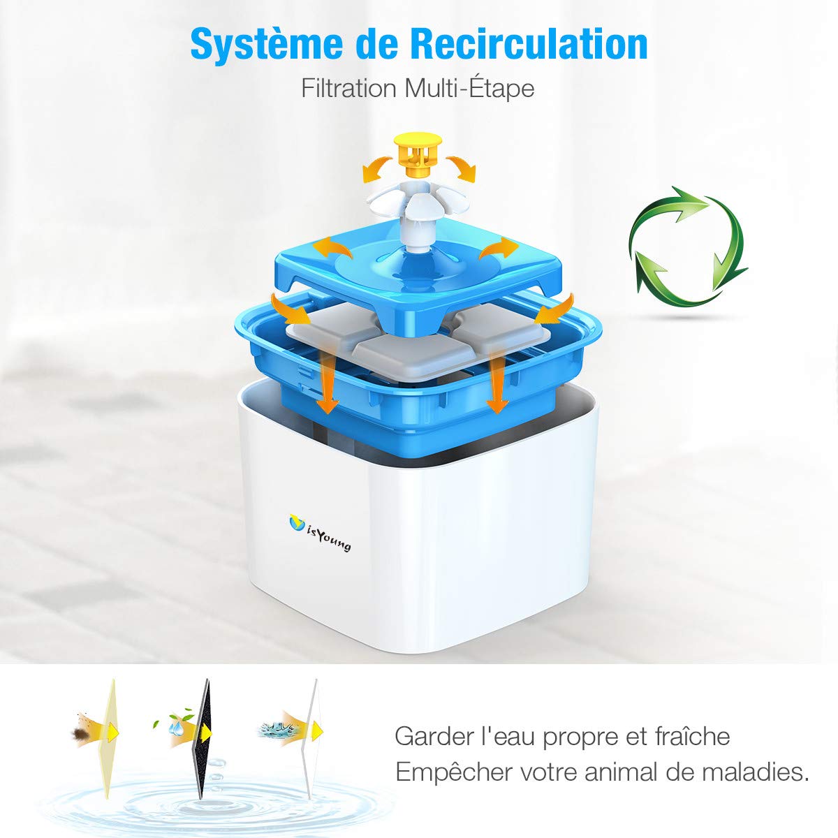 isYoung 2.5L Fontaine à Chat Chien Grande Capacité Fleur Automatique Électrique Silencieux avec 2pcs Filtre à Charbon Actif pour Les Animaux domestiques