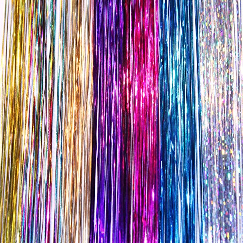 40" Hair Tinsel 210 Strands Seven Colors (Sparkling Silver, Purple, Rainbow, Hot Pink, Gold, White Gold, Blue)