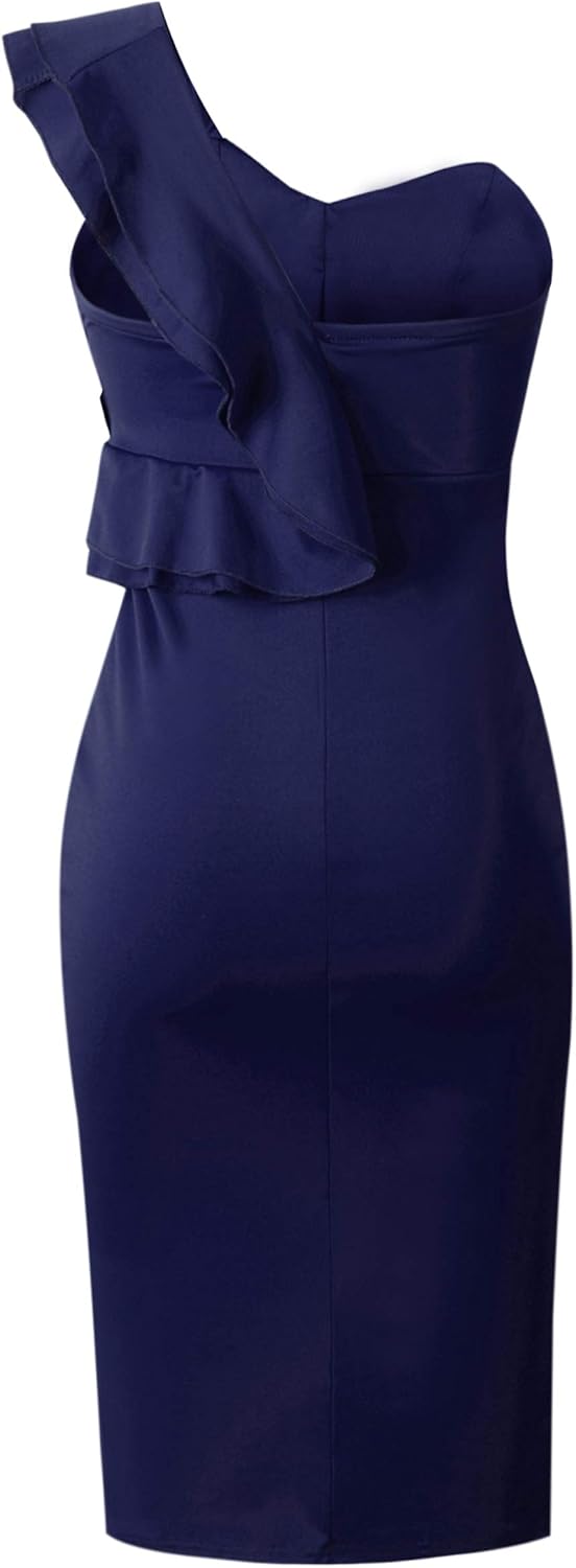 ECOWISH Women's Dresses Sexy Ruffle One Shoulder Sleeveless Split Bodycon Midi Party Dress: Clothing