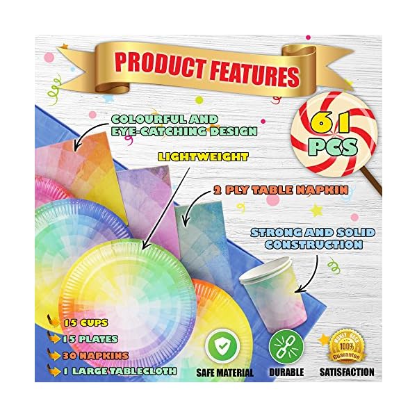 Matana-61-Piece-Rainbow-Party-Tableware-Set-Caters-for-15-Guests Matana - Rainbow Party Tableware Set - Paper Plates Cups Napkins Tablecloth for Kids Birthday Party - Caters for 15…