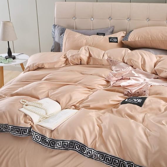 YAHAO Silk Quilt Cover,4Pcs Satin Silk Duvet Cover Sets Fitted Sheet