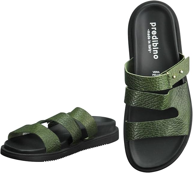 Amazon プレディビーノ メンズサンダル サンダル レザー グリーン オリーブ ミリタリー しぼ革 1745 Oliva 正規取扱店 イタリア製 39サイズ 25 5cm相当 ファッションサンダル