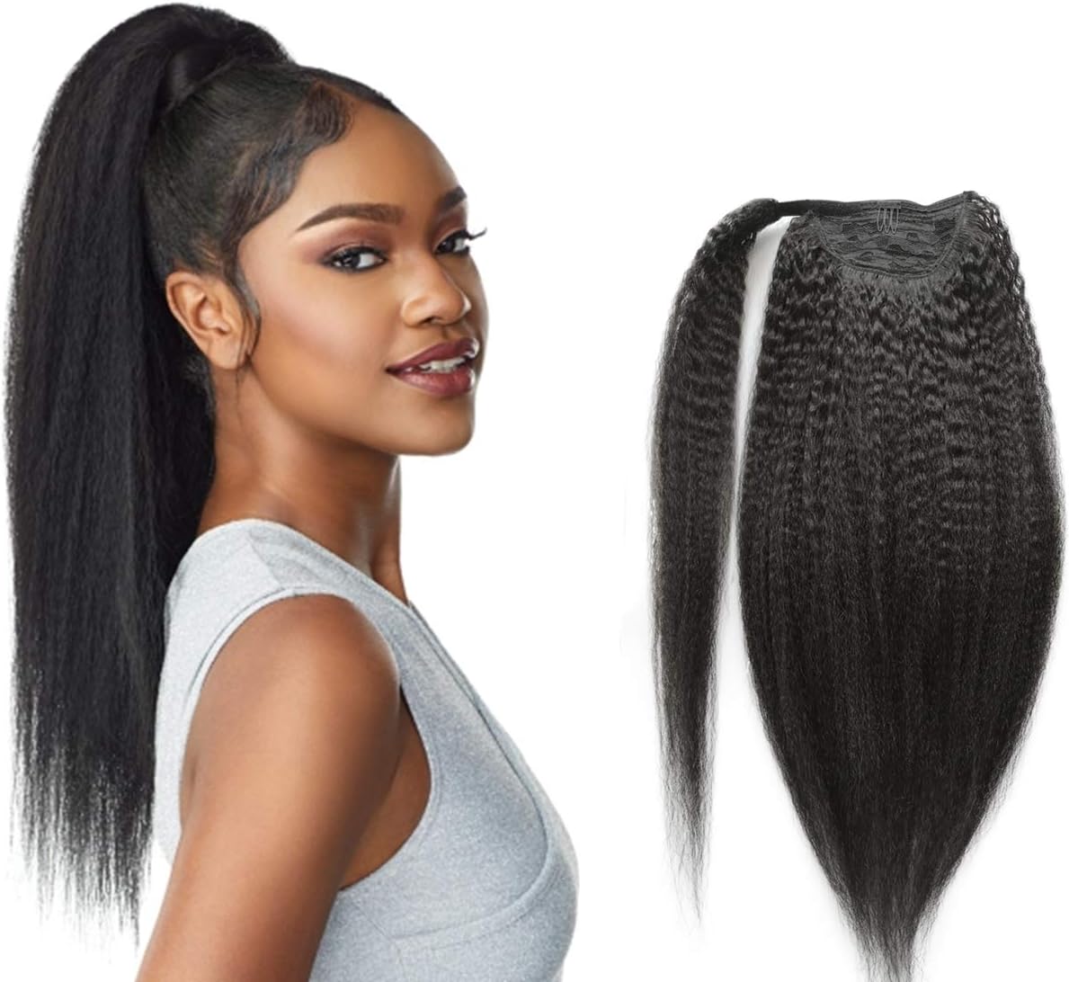 Anrosa Kinky Straight Human Hair Ponytail Extensions Kinky Hair Ponytail Kinky Yaki Straight Ponytail Natural Hair Afro Kinky Ponytail Human Hair Yaki Ponytail Natural Black 1b Thick Big 100g 20 Inch