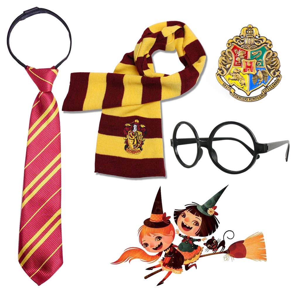 4PCS Magic Set, Striped Knit Scarf Striped Tie with Glasses & College Badge