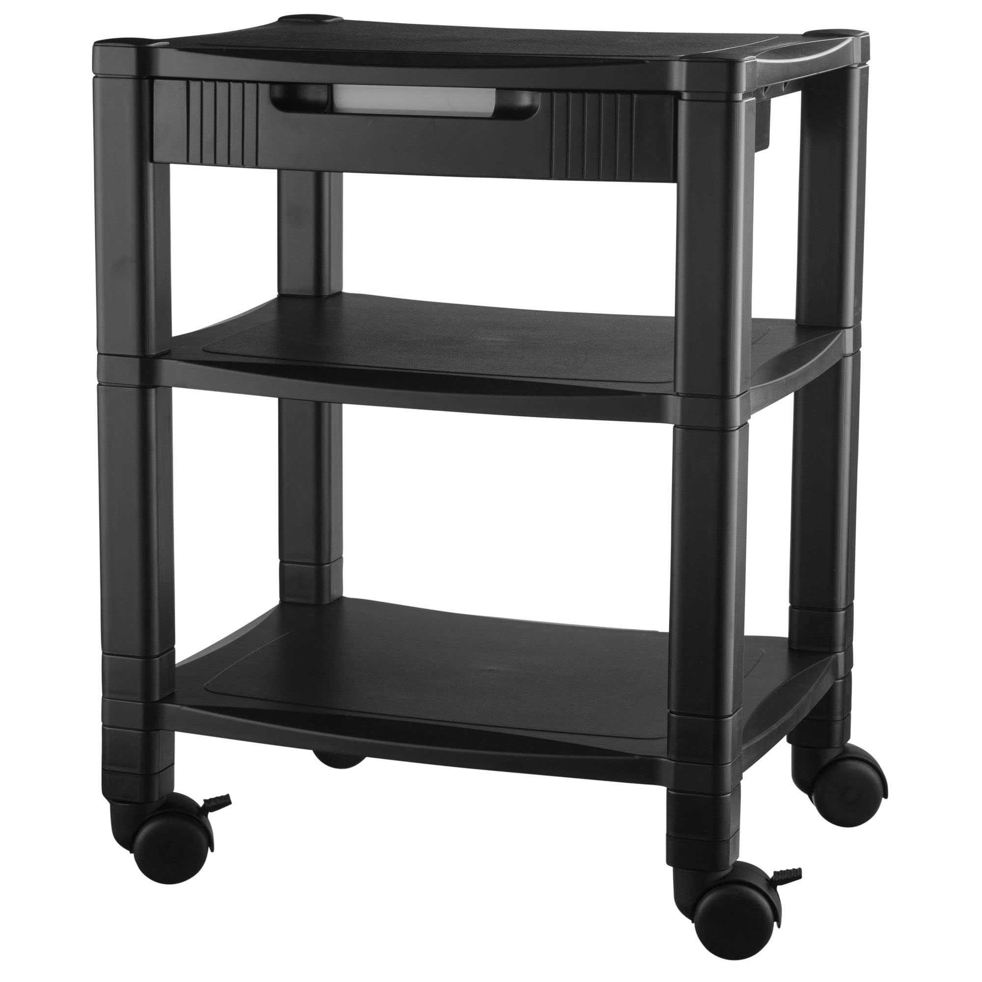 Kantek Height-Adjustable Deskside Printer Cart, Plastic, 3 Shelves, 1 Drawer, 75 lb Capacity, 17" x 13.25" x 24.5", Black