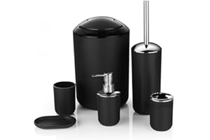 ZUVO Bathroom Accessories Set 6 Piece - Trash Can, Toothbrush Holder, Toothbrush Cup, Soap Dispenser, Soap Dish, Toilet Brush Holder - Modern Bathroom Decor Set (Dark Black)