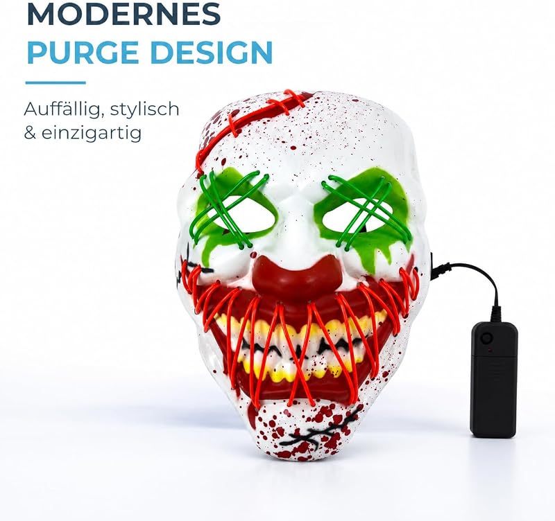 LED Halloween Clown Maske - wie aus Purge steuerbar, Gesicht leuchtend, für Halloween, Fasching & Karneval als Kostüm für Herren & Damen (Farbauswahl) (LED Horror Clown) — Foto 5 von 6