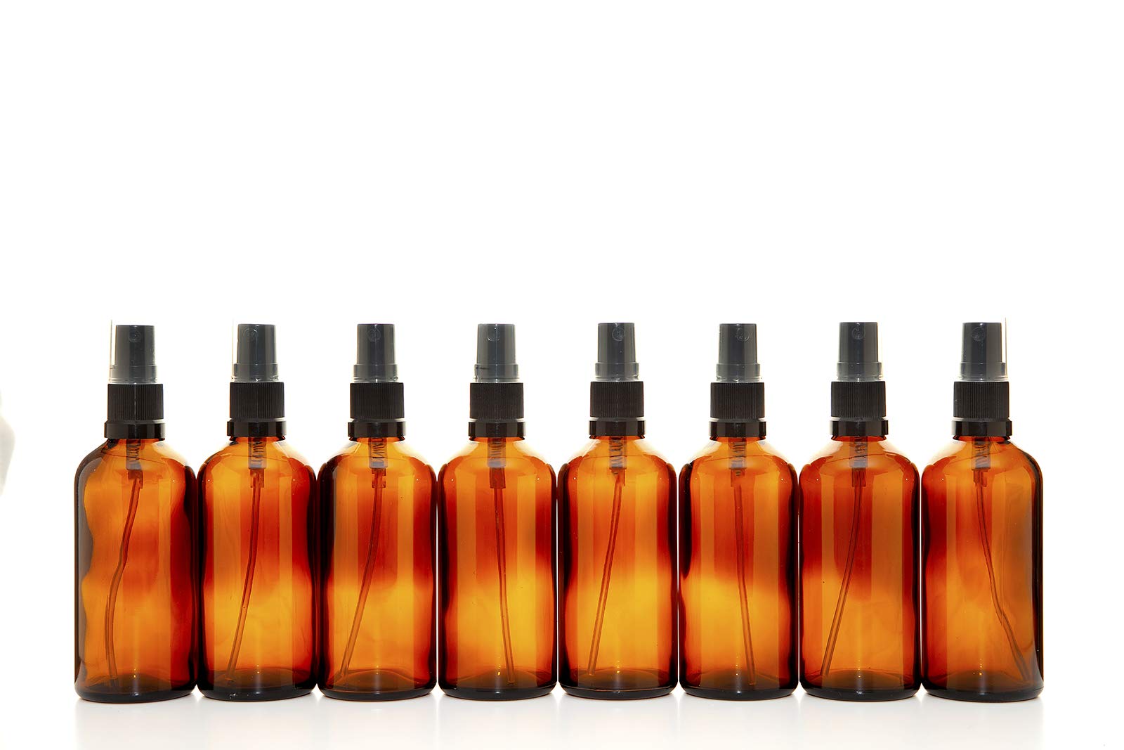 Aura 100ml AMBER Glass Bottles with Black ATOMISER Sprays - PACK of 8