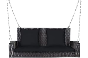 RELAX4LIFE Porch Swing 2-Seat Patio Rattan, Wicker Porch Swings Outdoor W/Two 7.9 Ft Solid Steel Chain, Comfortable Back & Se