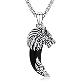 Wolf Tooth Necklace for Men Women 925 Sterling Silver Viking Wolf Necklace Nordic Wolf Tooth Charm Wolf Pendant with Obsidian Crystal Jewelry Gift for Husband Brother Son-20”+2” Stainless Steel Chain