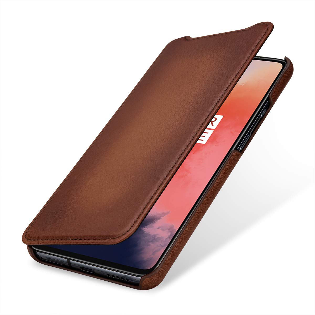 StilGut Book Type Flip Case for OnePlus 7T, Genuine Leather OnePlus 7T Case, Antique Brown — image 1