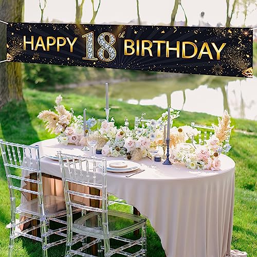 Mokonate Happy 18th Birthday Banner Black Gold Happy Birthday Sign Banner Backdrop Happy Birthday Yard Sign for Kids 18 Years Old Party Decorations Supplies