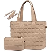 LOVEVOOK Laptop Tote Bag for Women, 17 Inch Large Puffer Work Computer Tote Bags for Teacher Nurse, Quilted Women's Purse Tote Shoulder Handbags with Zipper for Travel College Office Gym, Coffee Brown