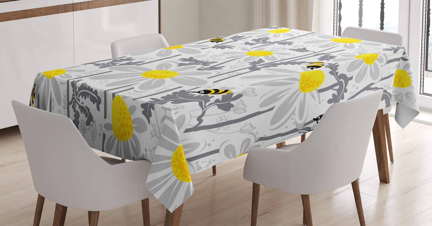 ABAKUHAUS Grey Tablecloth, Daisy Flowers Bees in Spring Time Honey Petals Floret Nature Purity Blooming, Dining Room Kitchen Table Cover, 54" x 94", Yellow White — image 1