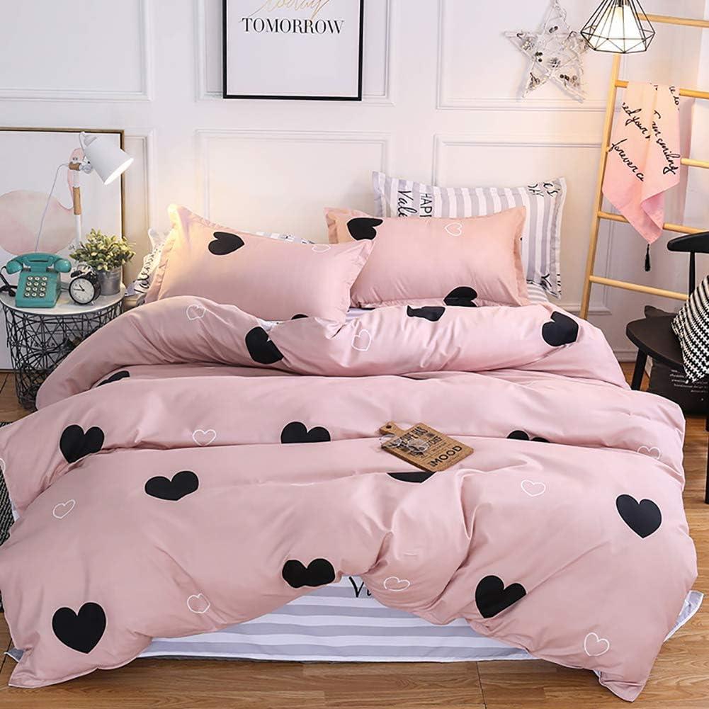 Michorinee Kids Girls Double Duvet Cover Set Pink Heart Bedding Double Bed Set 3pcs Reversible Heart Striped Pattern Quilt Cover 200x200 cm with 2 Pillow cases 50x75 cm