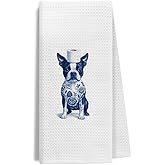 EKGJW Funny Chinoiserie Boston Terrier Bathroom Hand Towels, Boston Terrier Gifts, Grandmillennial Floral Dog Decorative Hand Towel for Bathroom Restroom Washroom, 16x24 Inch
