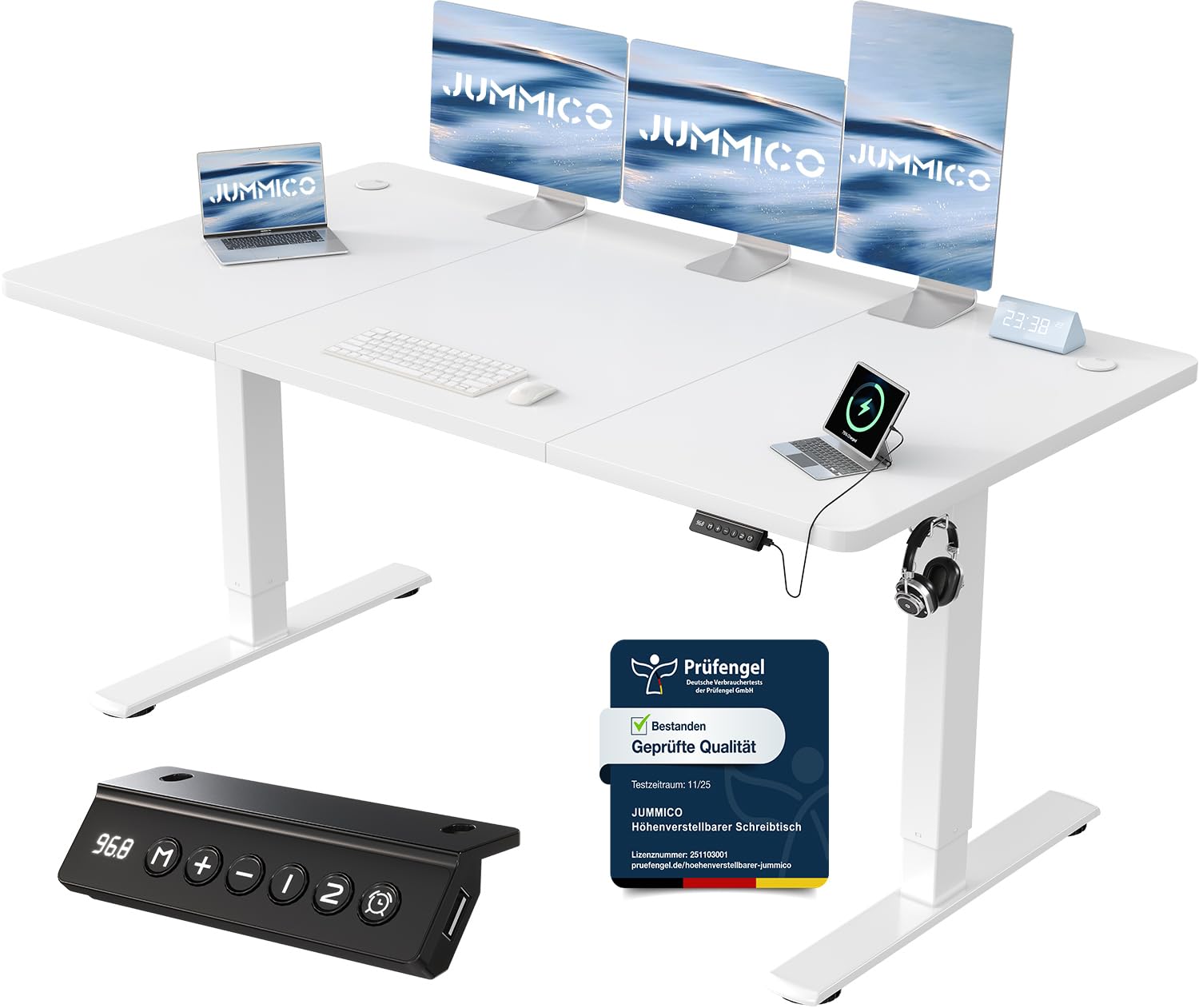 JUMMICO Höhenverstellbarer Schreibtisch mit USB-Ladeanschluss,Schreibtisch Höhenverstellbar Elektrisch 160 x 70 cm, Steh-Sitz Tisch Stehpult Verstellbarer Computertisch,Standing Desk,Weiß