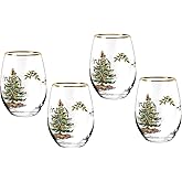 Spode Christmas Tree 19oz Stemless Wine Glasses, Set of 4 - Vintage-Inspired Holiday Drinkware with Cozy Seasonal Charm, Ideal for Mulled Wine at Festive Gatherings & Holiday Entertaining