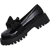 Bow Detail Chunky Heel Platform Loafers for Ladies Round Toe Solid Color Retro Inspired Design