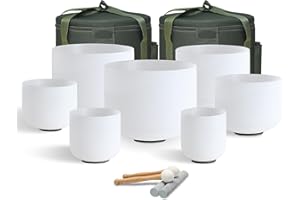 432HZ 6-12 Inch Crystal Singing Bowl Set of 7 with 2 Pcs Green Heavy Carrying Case bag, Frosted Quartz Crystal Sound Healing 