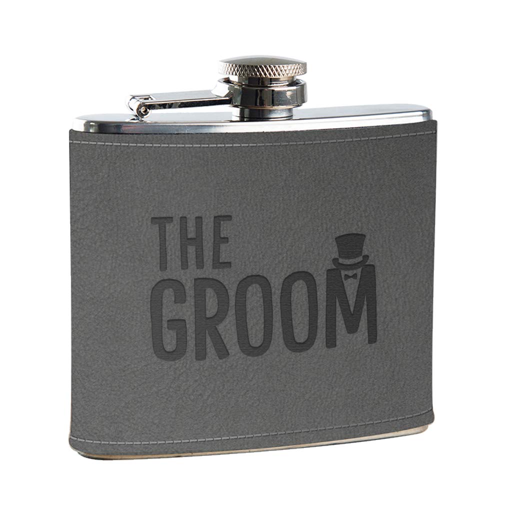 Wedding Day Gifts for Groom - The Groom Engraved Grey Leather Hip Flask Gift - Groom Wedding Day Gift from Bride - Groom Hip Flask Engraved