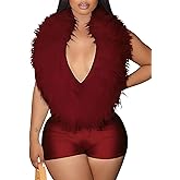 KANSOON Sexy Romper for Women Halter Feather Deep V Neck Short Jumpsuit Backless One Piece Outfits Club Party