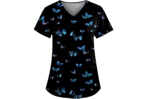 OIOLOYJM Scrubs for Women Animal Print Tops for Women V Neck Cartoon Pattern Short Sleeve Nursing Tops with Pockets
