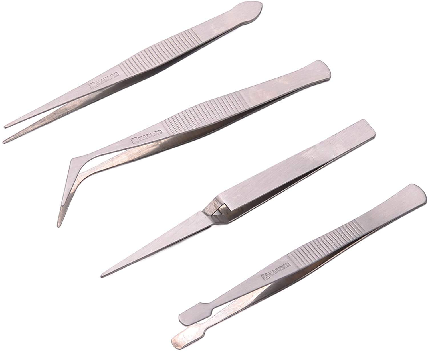 HARDEN 4Pcs Stainless Steel Tweezers Set (HAR 660238), Anti-magnetic, Magnetic & Acid Resistant, Non-slip Design, Sizes: 1x120mm, 1x120mm, 1.2x115mm, 5.6x113mm