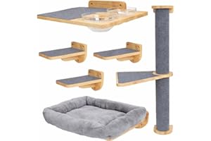 Wondering Whiskers Cat Wall Shelves – Cat Wall Climber with Cat Scratch Post, Removable Bed, Climbing Steps, and Feeding Terrace with Glass Bowls, Waterproof Rubberwood Pet Furniture