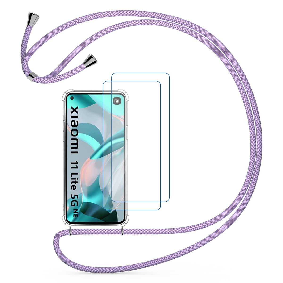 DOCOO Necklace Case Compatible with Xiaomi Mi 11 Lite, Tempered Glass with Transparent Silicone Protective Air Cushion Case Lanyard Rope Chain Shockproof Anti Scratch Clear Cover, Purple