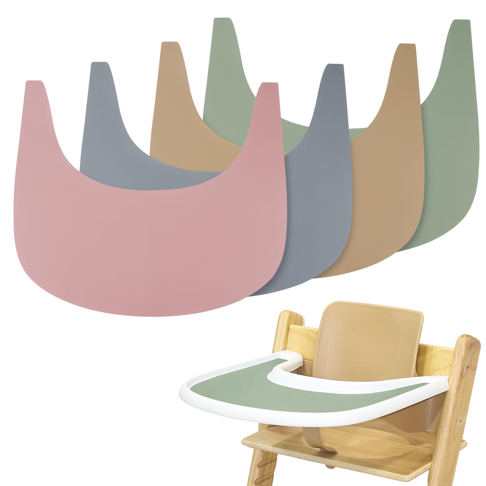 High Chair Placemat, 4 Pieces Durable High Chair Placemat Silicone, for Tripp Trapp High Chair Accessories, Suitable for Tripp Trapp High Chair Tray (Grey+Green+Pink+Khaki)