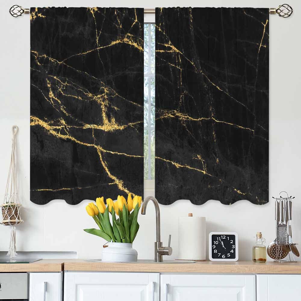 Photo 1 of Gpiaoyfo Marble Texture Kitchen Curtains Black and Gold Luxurious Marble Short Tier Curtains for Bathroom Cafe Small Window Drapes Treatment 2 Panels (27.5x39 Inch)