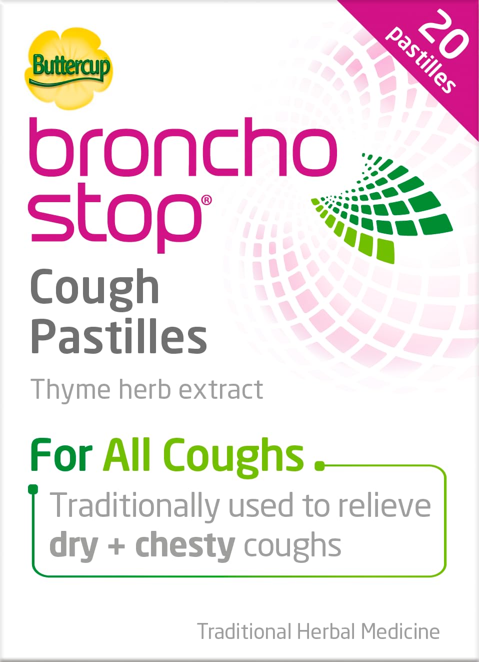 Bronchostop Cough Pastilles (20 Pastilles) - Relief for All Cough Types Including Chesty & Dry Coughs - Non Drowsy Anti Mucus Formula with Traditional Thyme Herb Extract