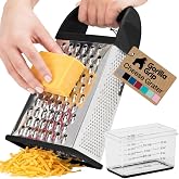 GORILLA GRIP® XL 4-Sided Stainless Steel BPA-Free Cheese Grater, Black | Includes Measurement Container, Slip Resistant Base,