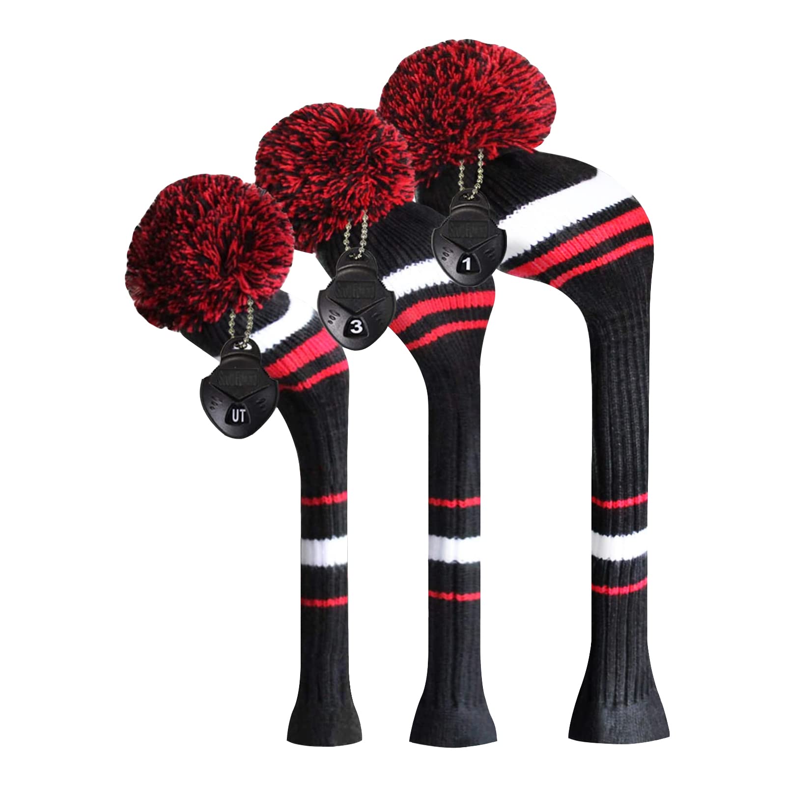 Scott Edward Knit Wood Golf Covers Set of 3 Fit Well Driver Wood(460cc) Fairway Wood and Hybrid(UT) (Black White Red Stripes)