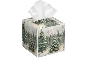 HOYYU Winter Christmas Tree Tissue Box Cover Square Leather Tissue Case Holder Facial Paper Organizer Decorative for Tabletop Night Stands Desk Bathroom Kitchen Car Office Home Decor