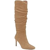 Coutgo Womens Knee High Boots Faux Suede Almond Toe Stiletto High Heel Slouchy Side Zipper Booties