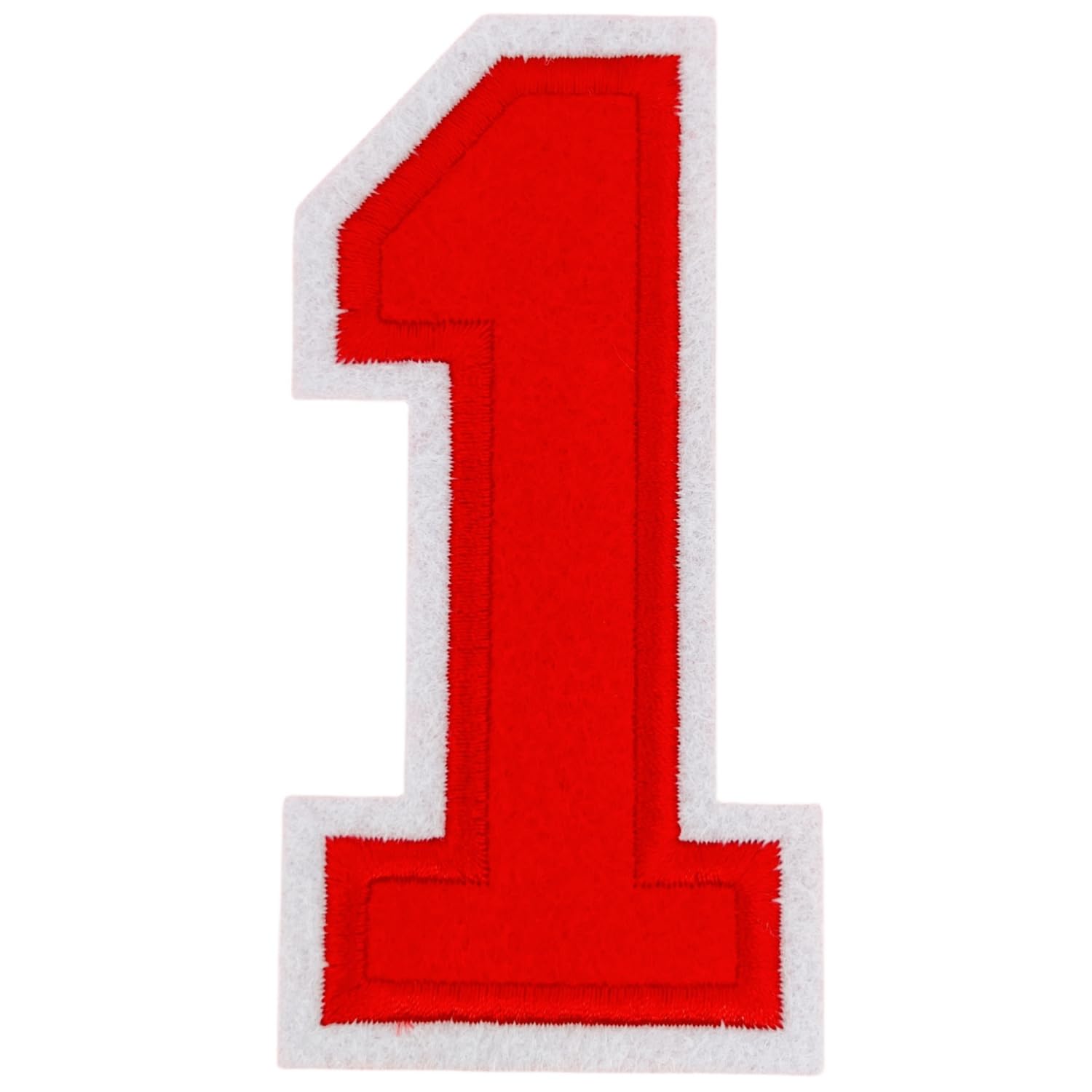 Photo 1 of 1 Pcs 4.5" Red Embroidered Number Patches, Iron-On Appliques for Clothing, Jackets, Backpacks – Varsity Style with White Border (red 1)