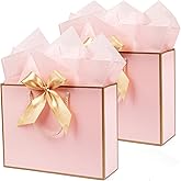 2 PCS Gold Pink Gift Bags, Gift Bags Set with Handle Tissue Paper Ribbons Cards, Light Pink Gift Paper Bags Medium Size for W