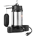 VEVOR Submersible Sump Pump, 0.5HP 4188GPH, 24 ft Lift Cast Iron Sewage Water Pump with 10 ft Power Cord and Automatic Float Switch, Stainless Steel for Clean Flooded Basement Yard Farm Sewer