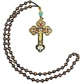 RZRHMUHN Wood Rosary Beads Cross Necklace,Catholic Cross Pendant,Catholic Cross Necklace,Religious Jesus Crucifix (Gold)