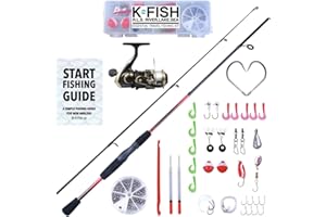 RIGGED & READY TRAVEL FISHING Rigged and Ready K-Fish Fishing Rod and Reel Combo Set with Line, Lures & Accessories + Angling Guide. 6ft Fish Pole Combination Saltwater Freshwater Spin Spinning Lure Bass