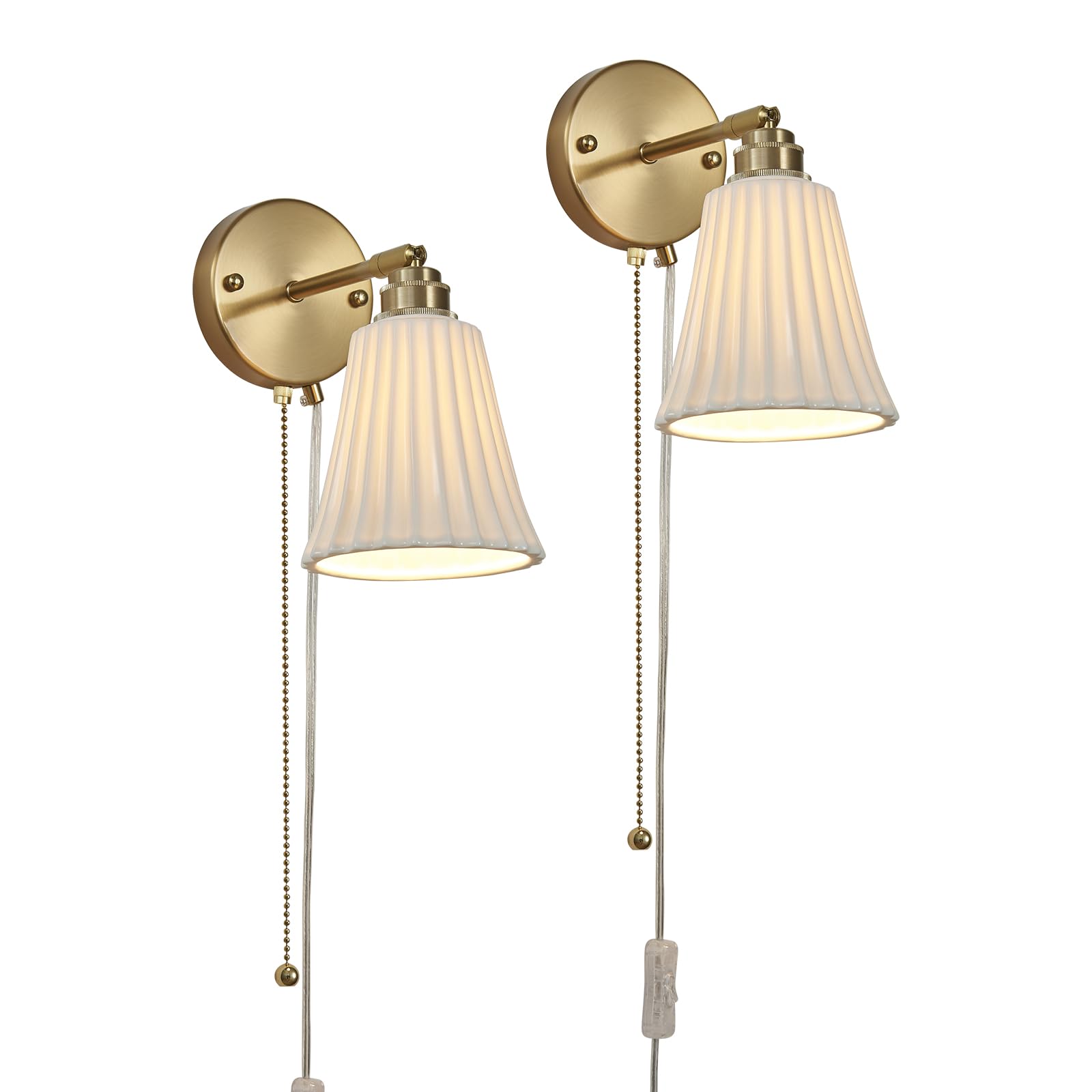 Photo 1 of 2-Pack Modern Gold Ceramic Plug-in Wall Sconce with Pull Chain & Adjustable Arm | Indoor Lighting for Living Room, Bedroom, Kitchen & Home Office